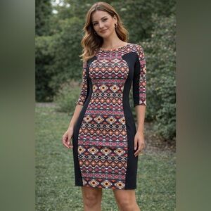 Elegant Multicolor Geometric Long Sleeve Dress